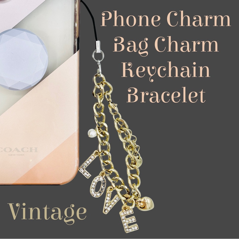 Vintage Gold-tone “LOVE” & Heart Charm Bracelet, Phone/Bag Charm, Keychain